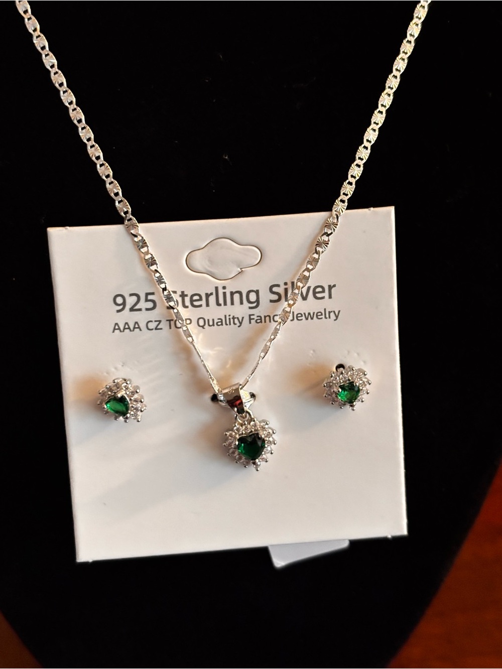 Sterling Silver Emerald Heart Pendant and Stud Set - Green